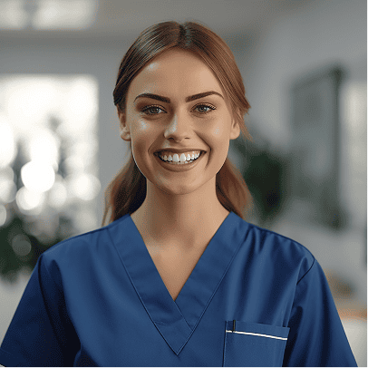 Smiling female healthcare worker in blue scrubs in office Smiling female healthcare worker in blue scrubs in office