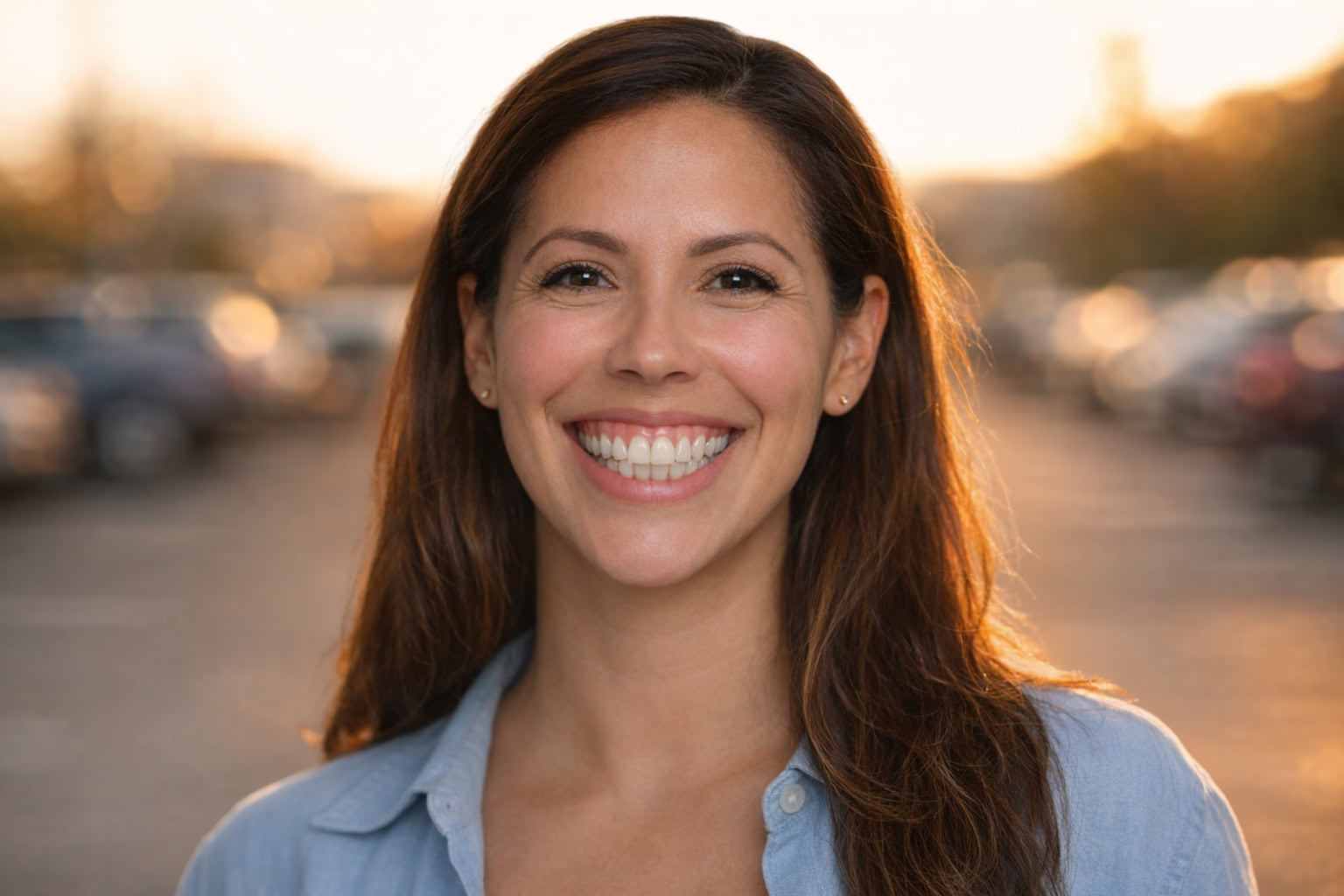 Smiling woman with vertical maxillary excess (VME) outdoors at sunset