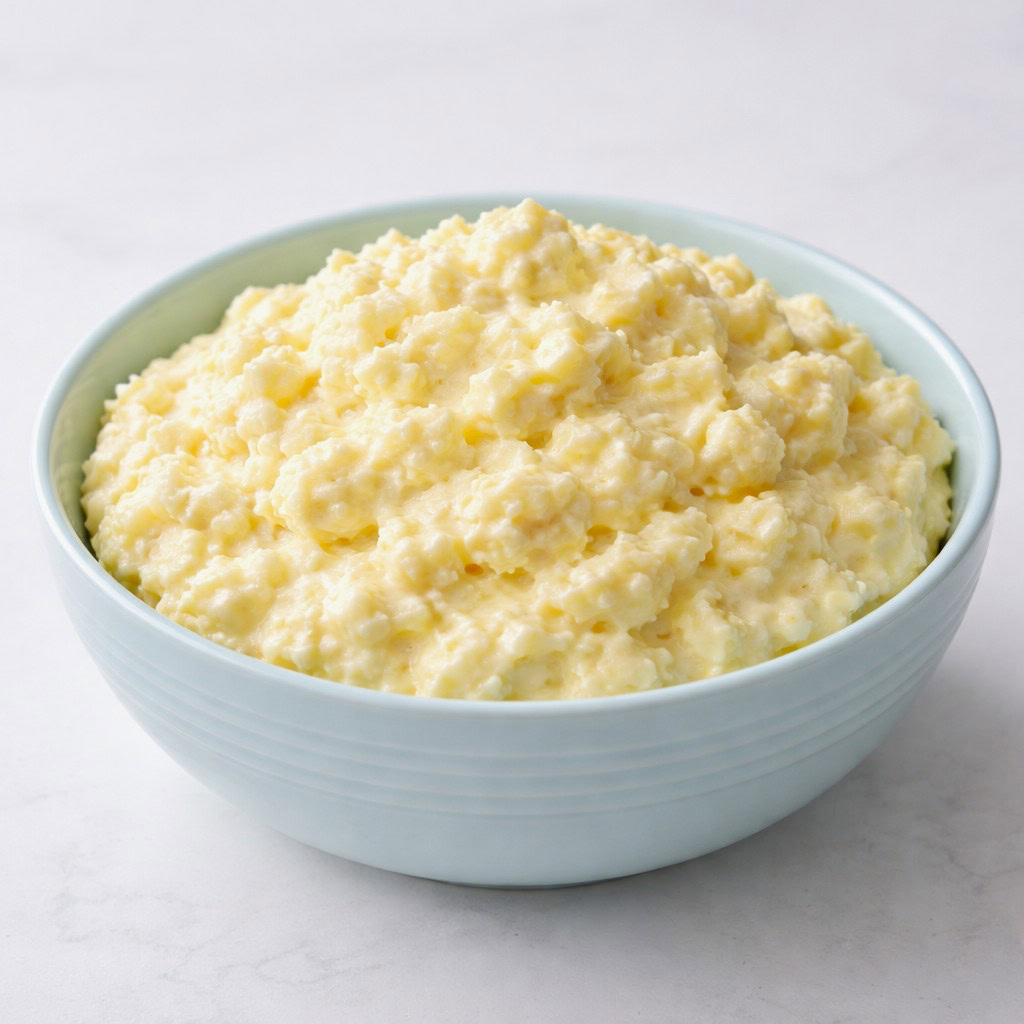 Bowl of soft mashed egg salad.