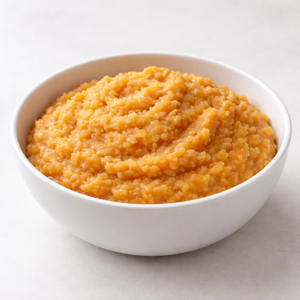 Bowl of soft mashed red lentils.