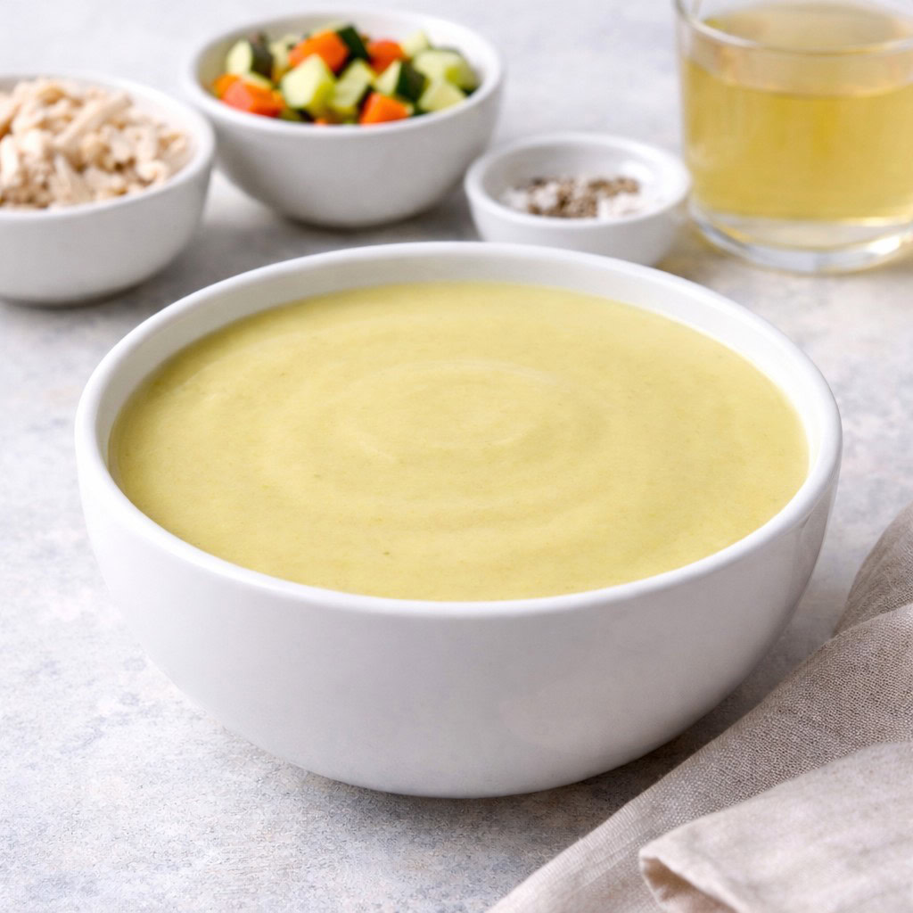 Bowl of strained vegetable chicken soup.