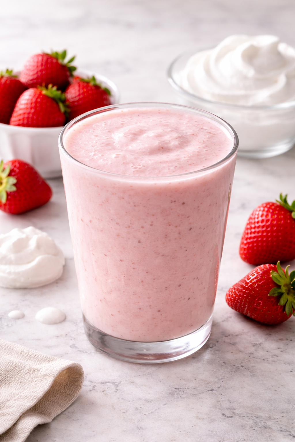 Creamy strawberry smoothie in a glass with fresh strawberries around it.
