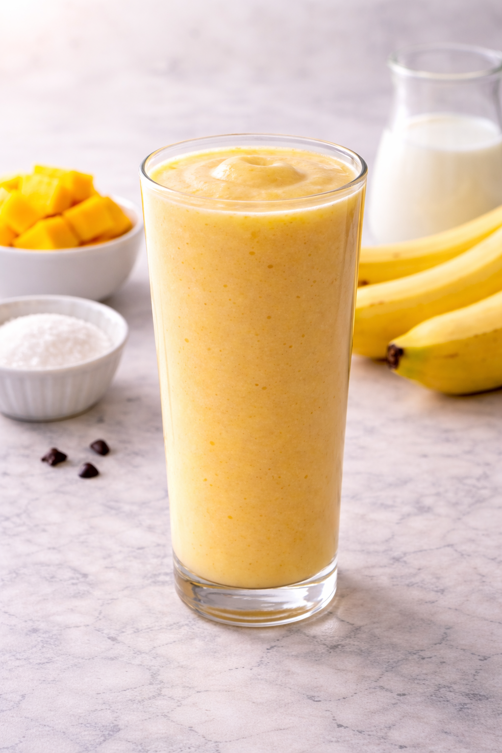 Healthy banana mango smoothie in a tall glass with bananas and mango pieces.