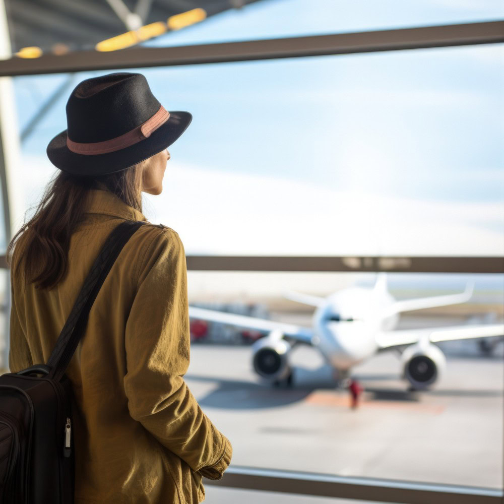 woman looking out the window in the airport.