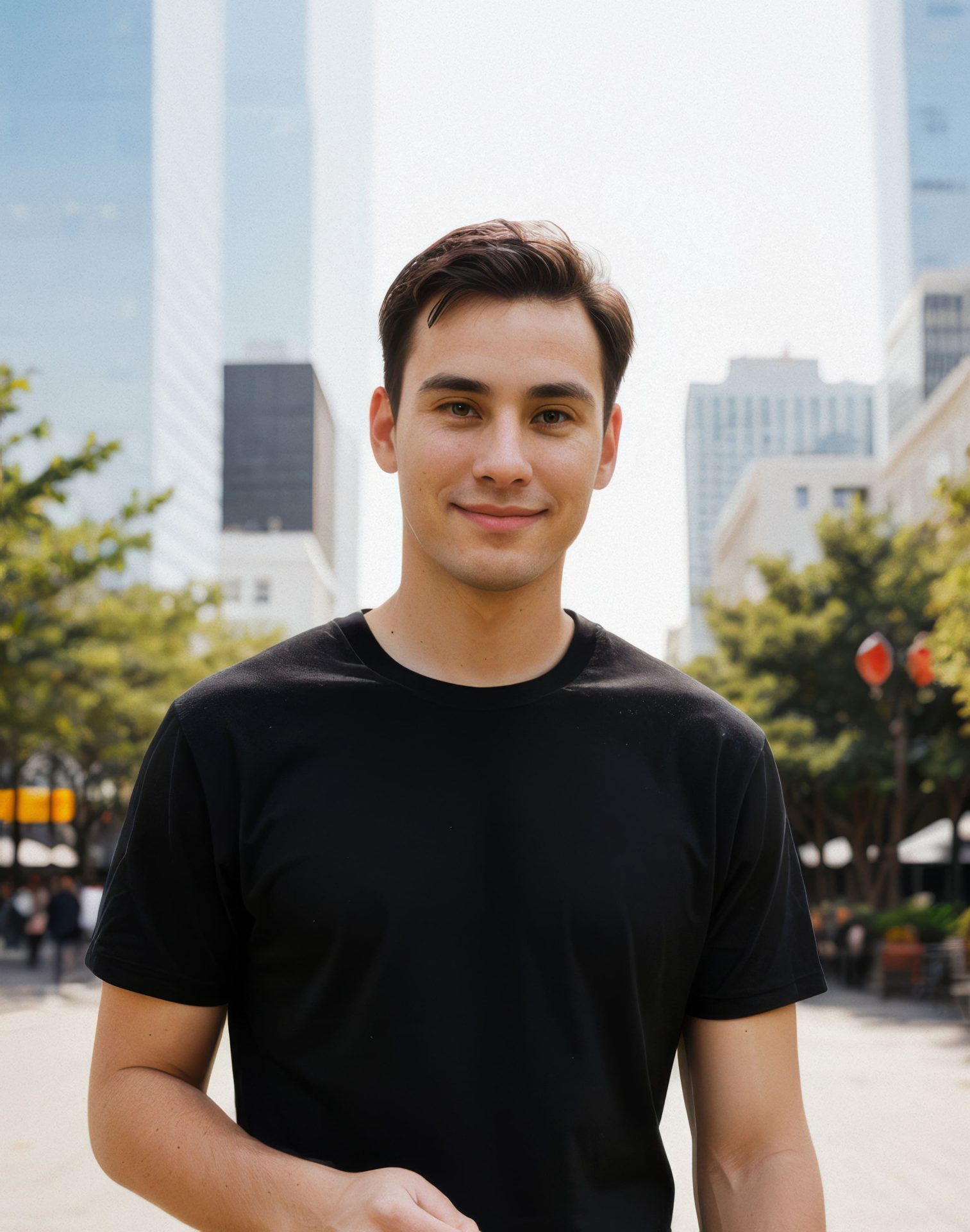Young male in black T-shirt in the city