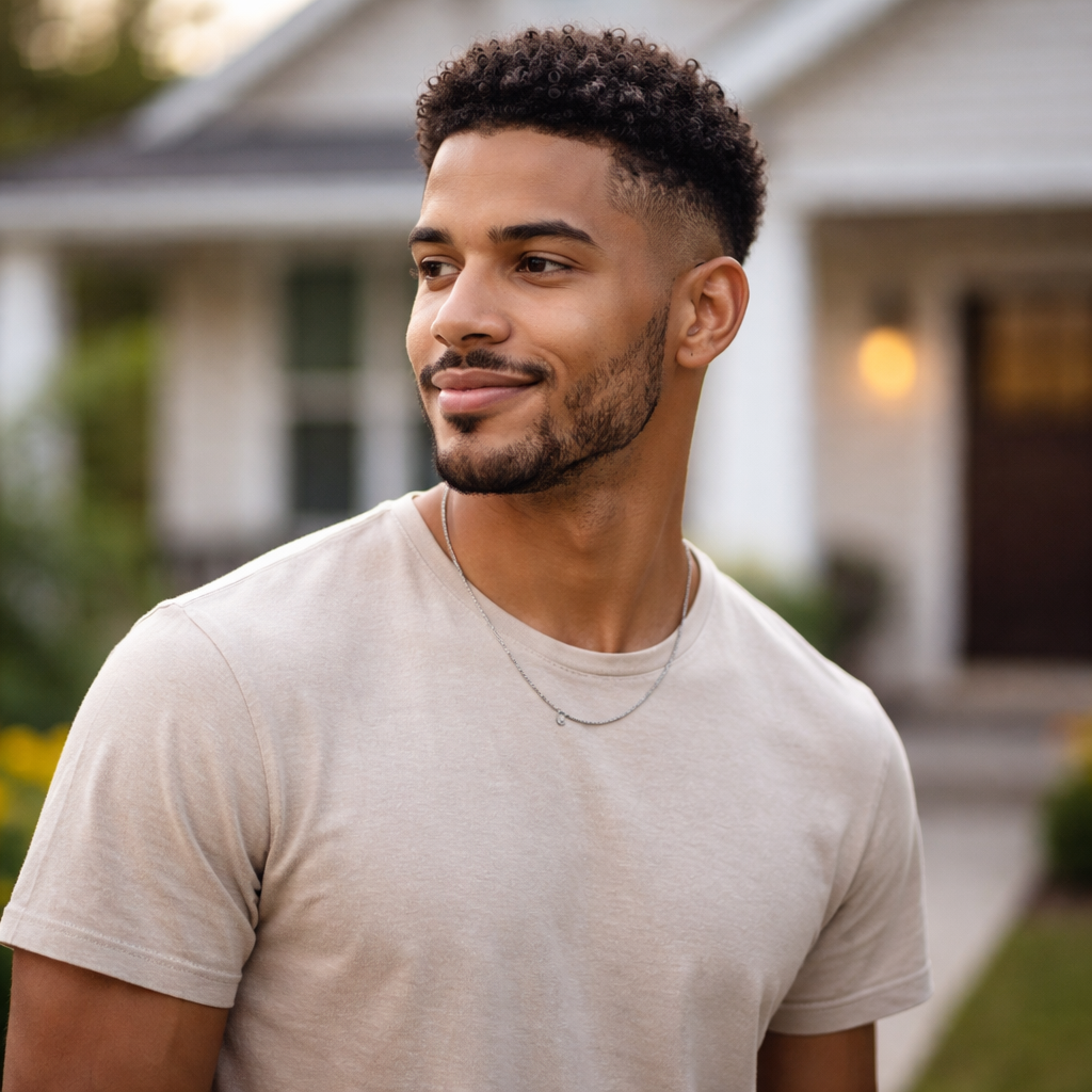 Young man. at front of house
