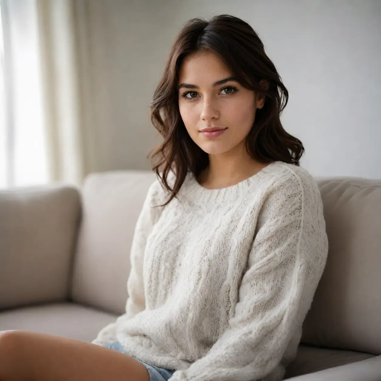 Young woman sitting on sofa Young woman with brown hair sitting on sofa in living room.